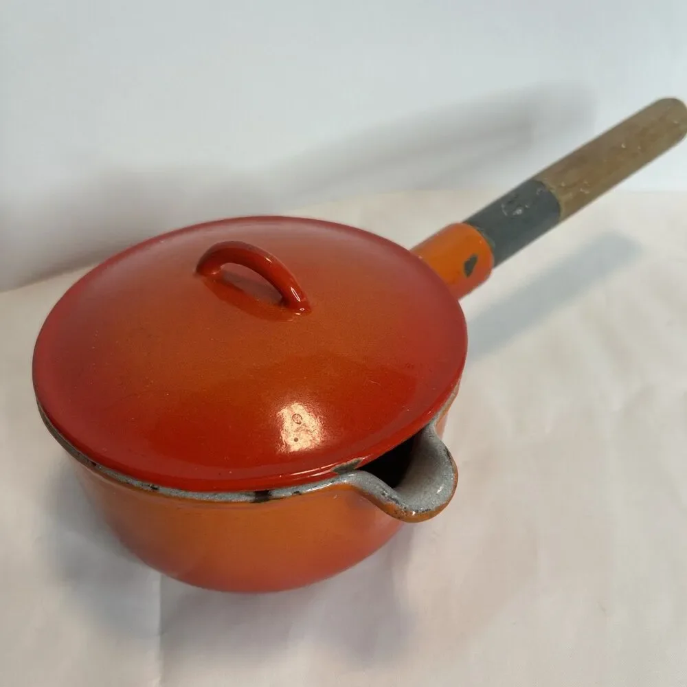 Vintage 60s DESCOWARE Butter Warmer Pot Flame Orange with SPOUT and LID